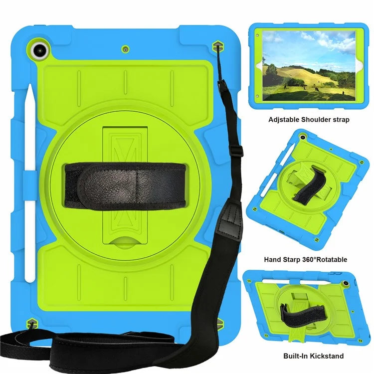For iPad 10.2 (2021) / (2019) / (2020) TPU+PC Tablet Case Rotating Shockproof Kickstand Cover with Strap