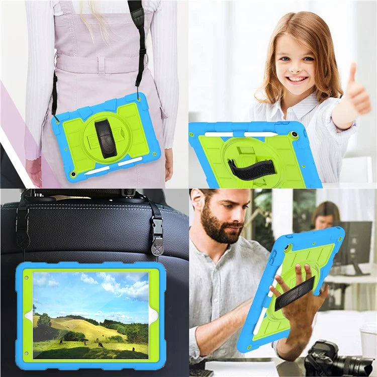 For iPad 10.2 (2021) / (2019) / (2020) TPU+PC Tablet Case Rotating Shockproof Kickstand Cover with Strap