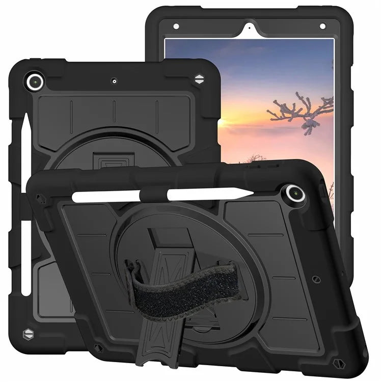 For iPad 10.2 (2021) / (2019) / (2020) TPU+PC Tablet Case Rotating Shockproof Kickstand Cover with Strap