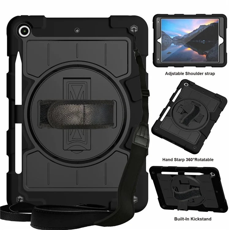 For iPad 10.2 (2021) / (2019) / (2020) TPU+PC Tablet Case Rotating Shockproof Kickstand Cover with Strap