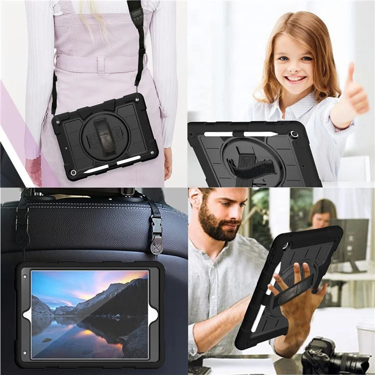For iPad 10.2 (2021) / (2019) / (2020) TPU+PC Tablet Case Rotating Shockproof Kickstand Cover with Strap