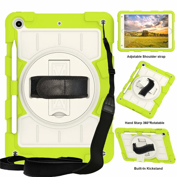 For iPad 10.2 (2021) / (2019) / (2020) TPU+PC Tablet Case Rotating Shockproof Kickstand Cover with Strap