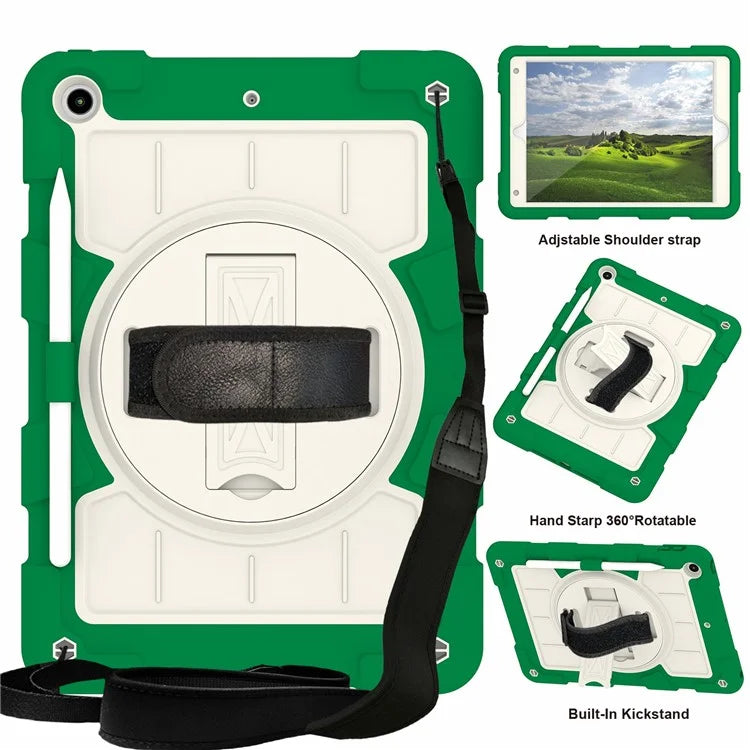 For iPad 10.2 (2021) / (2019) / (2020) TPU+PC Tablet Case Rotating Shockproof Kickstand Cover with Strap