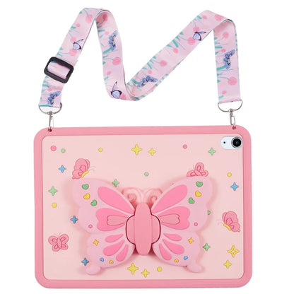 For iPad Air (2020) / (2022) Case Butterfly Kickstand Silicone Tablet Cover with Lanyard