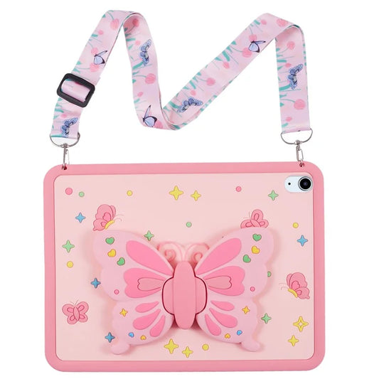 For iPad Air (2020) / (2022) Case Butterfly Kickstand Silicone Tablet Cover with Lanyard