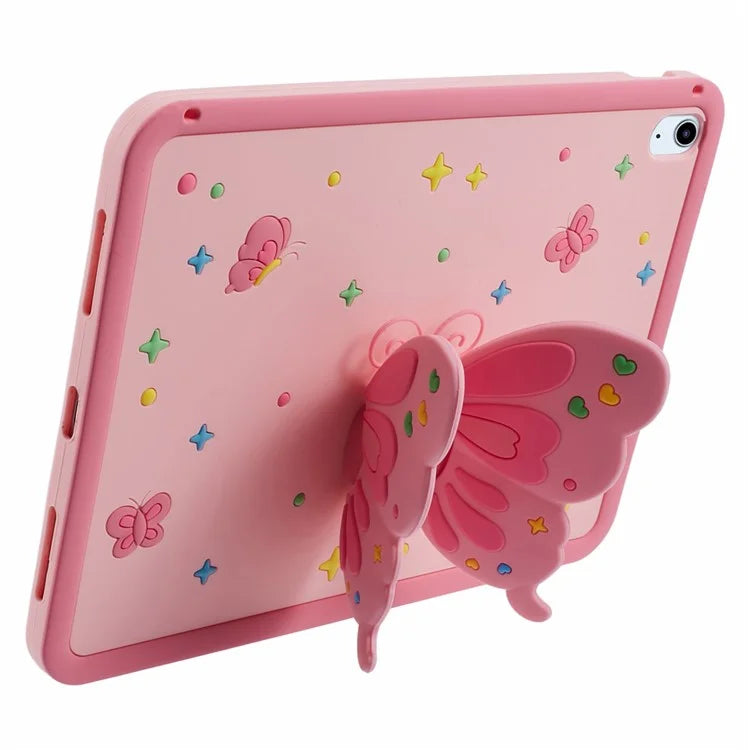 For iPad Air (2020) / (2022) Case Butterfly Kickstand Silicone Tablet Cover with Lanyard