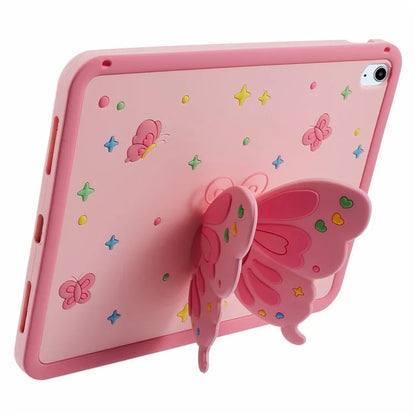 For iPad Air (2020) / (2022) Case Butterfly Kickstand Silicone Tablet Cover with Lanyard