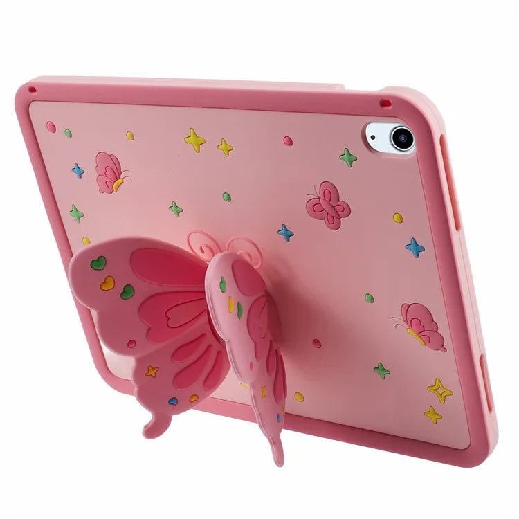 For iPad Air (2020) / (2022) Case Butterfly Kickstand Silicone Tablet Cover with Lanyard