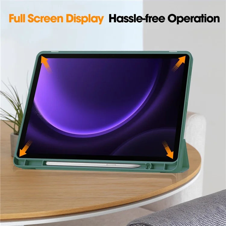 For Samsung Galaxy Tab S9 FE Leather Case Tri-fold Stand Pen Slot Tablet Coverish Green