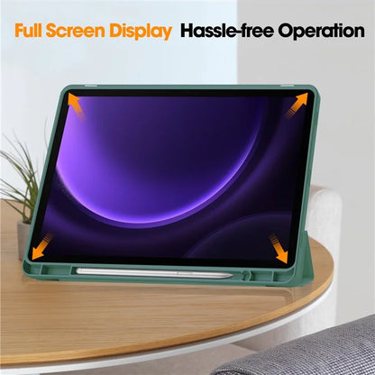 For Samsung Galaxy Tab S9 FE Leather Case Tri-fold Stand Pen Slot Tablet Coverish Green