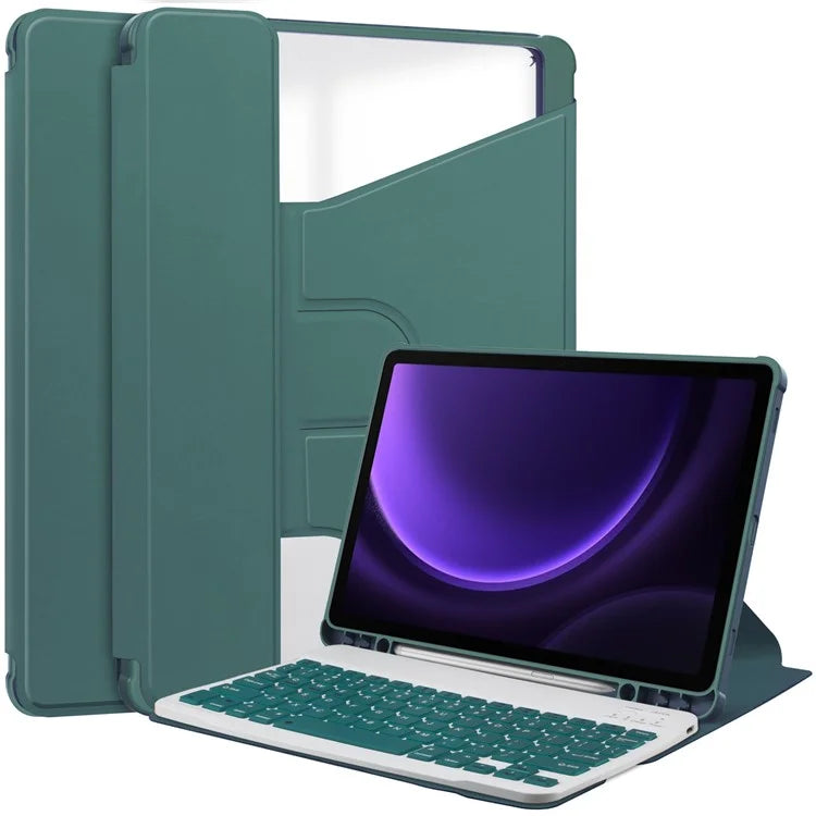For Samsung Galaxy Tab S9 FE Case Leather+Acrylic Rotary Stand Cover with Bluetooth Keyboardish Green