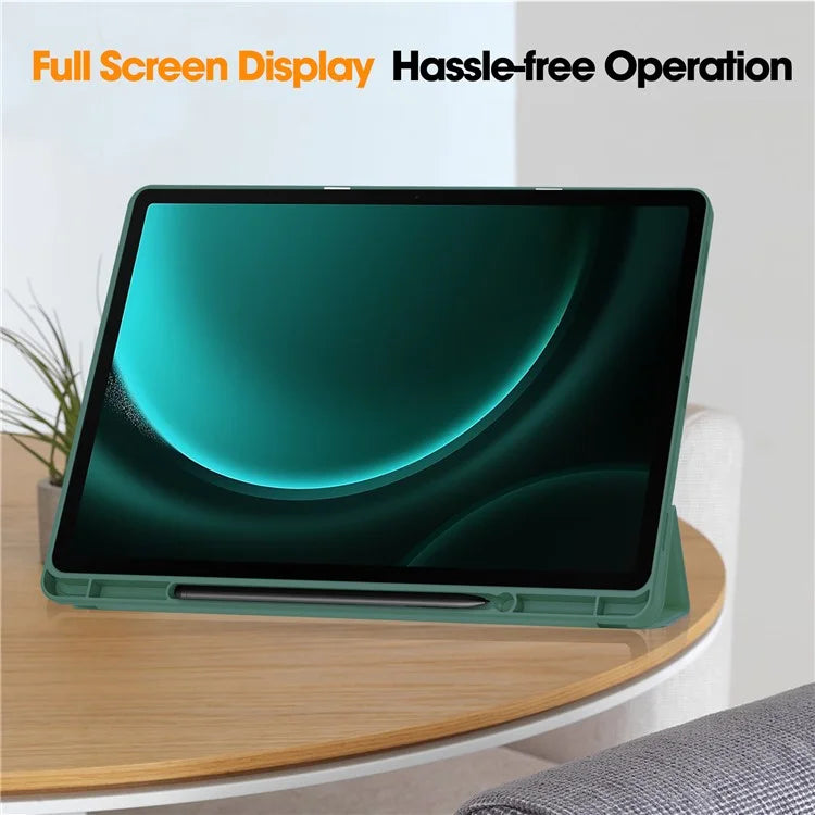 For Samsung Galaxy Tab S9 FE+ Case Tri-fold Stand Pen Slot Tablet Leather Coverish Green