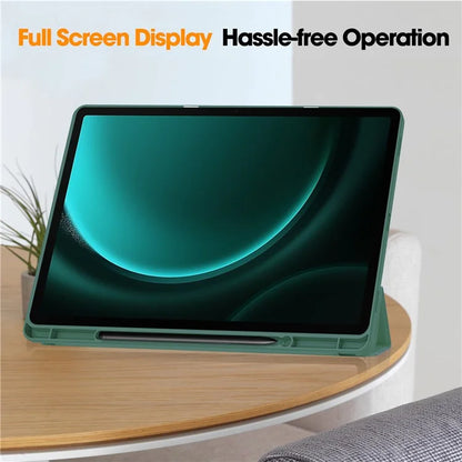 For Samsung Galaxy Tab S9 FE+ Case Tri-fold Stand Pen Slot Tablet Leather Coverish Green