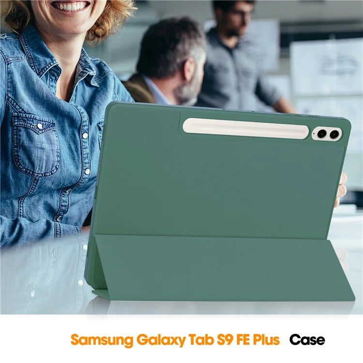 For Samsung Galaxy Tab S9 FE+ Case Tri-fold Stand Pen Slot Tablet Leather Coverish Green