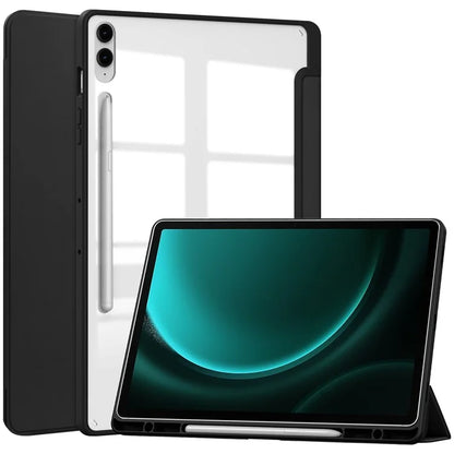 For Samsung Galaxy Tab S9 FE+ Clear Case Pen Slot Tablet Tri-fold Stand Cover