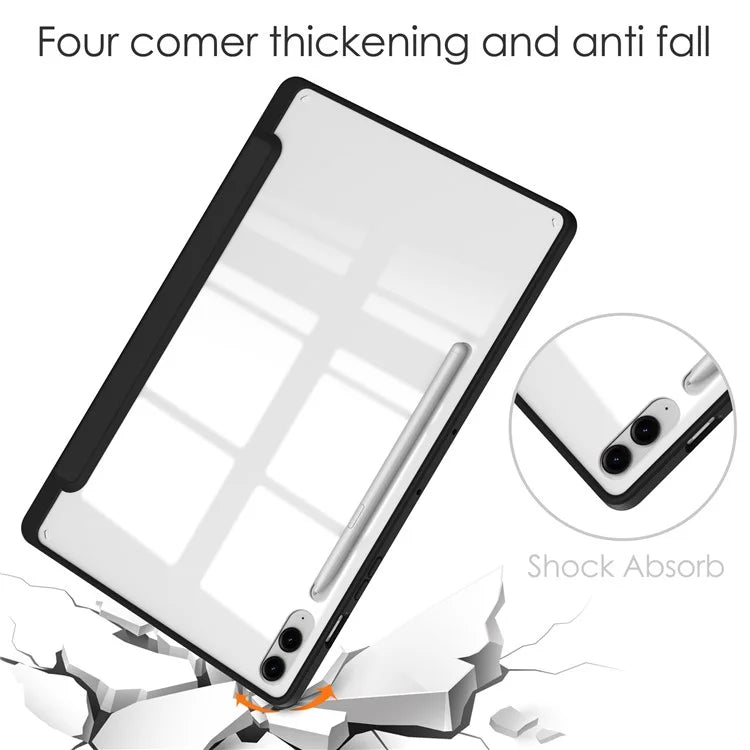 For Samsung Galaxy Tab S9 FE+ Clear Case Pen Slot Tablet Tri-fold Stand Cover