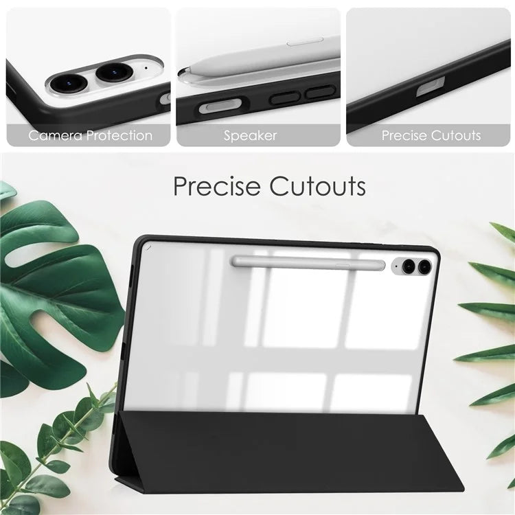 For Samsung Galaxy Tab S9 FE+ Clear Case Pen Slot Tablet Tri-fold Stand Cover