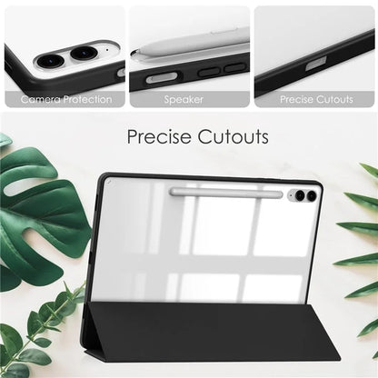 For Samsung Galaxy Tab S9 FE+ Clear Case Pen Slot Tablet Tri-fold Stand Cover