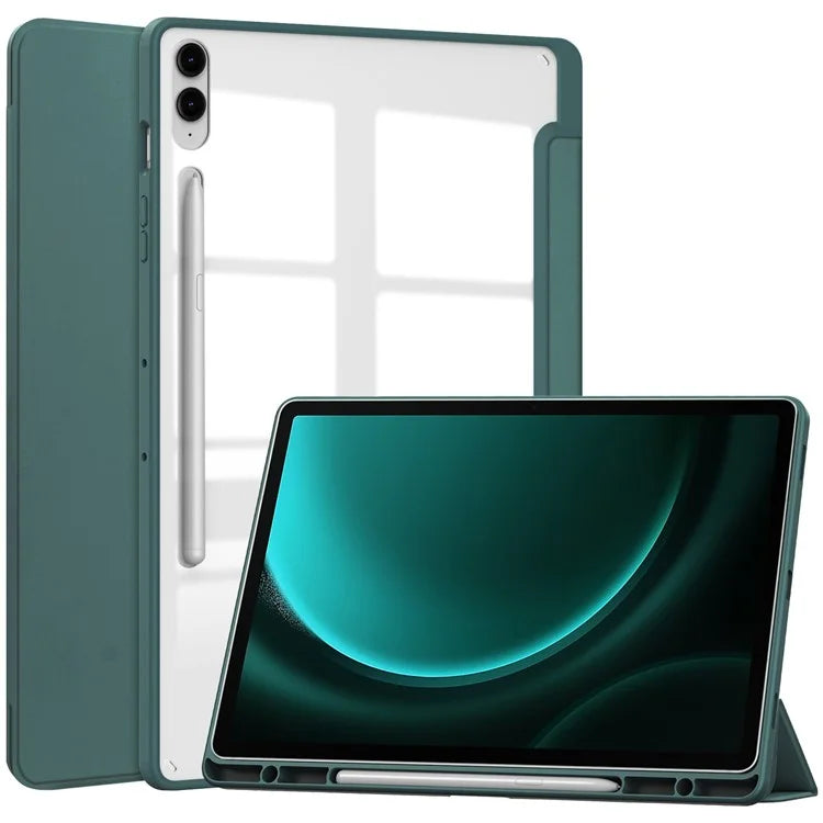 For Samsung Galaxy Tab S9 FE+ Clear Case Pen Slot Tablet Tri-fold Stand Cover