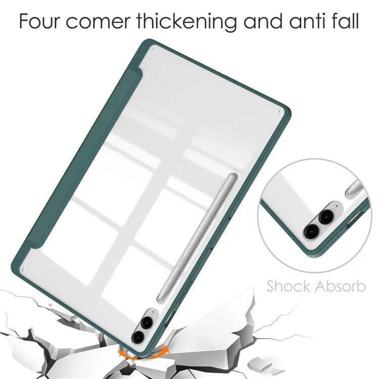For Samsung Galaxy Tab S9 FE+ Clear Case Pen Slot Tablet Tri-fold Stand Cover