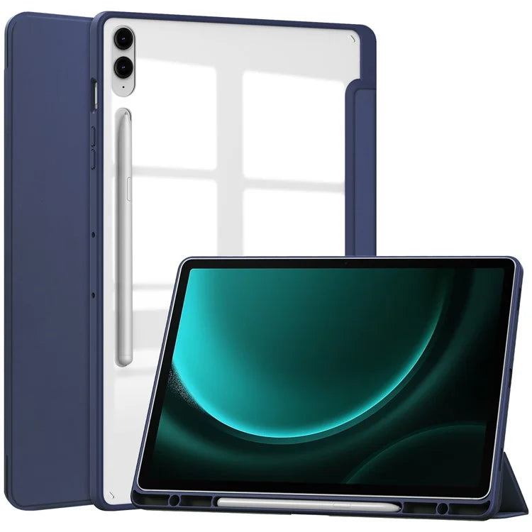 For Samsung Galaxy Tab S9 FE+ Clear Case Pen Slot Tablet Tri-fold Stand Cover