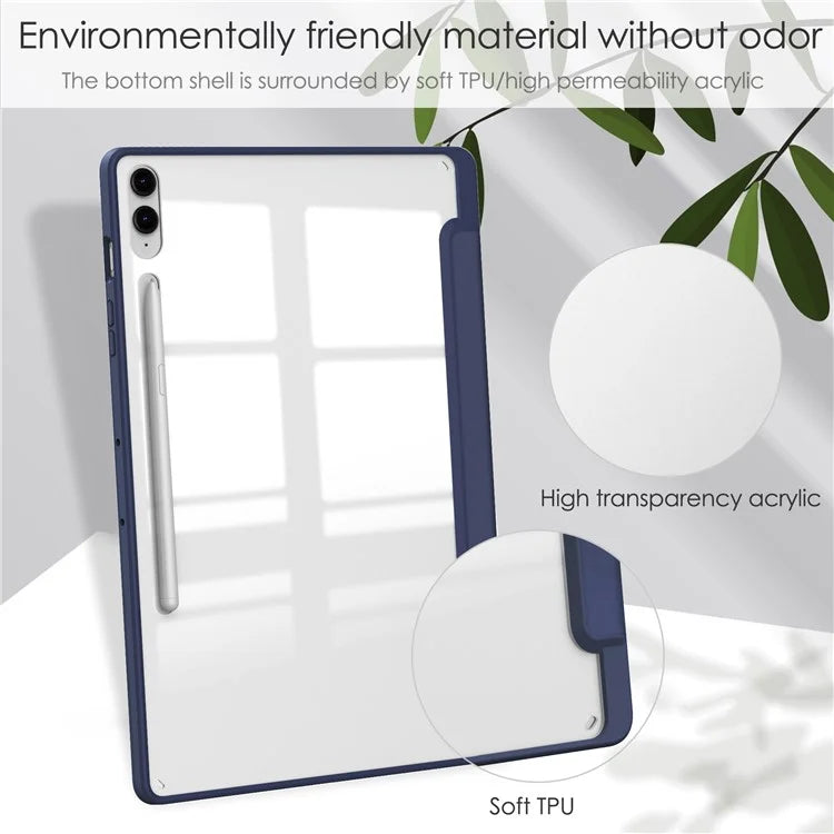 For Samsung Galaxy Tab S9 FE+ Clear Case Pen Slot Tablet Tri-fold Stand Cover
