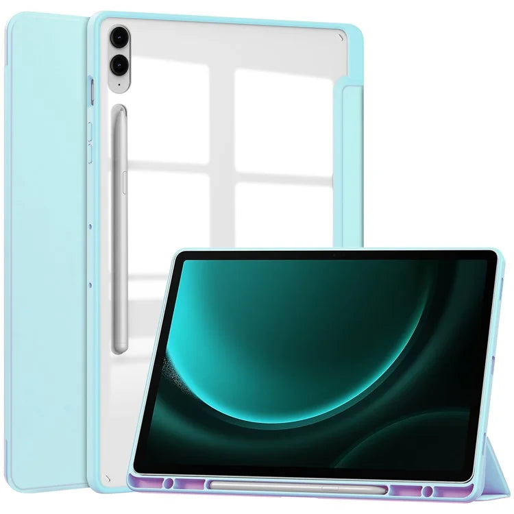For Samsung Galaxy Tab S9 FE+ Clear Case Pen Slot Tablet Tri-fold Stand Cover