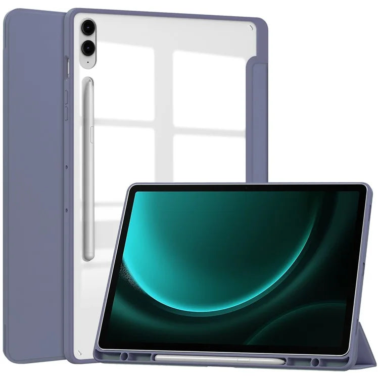For Samsung Galaxy Tab S9 FE+ Clear Case Pen Slot Tablet Tri-fold Stand Cover