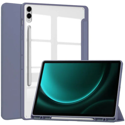For Samsung Galaxy Tab S9 FE+ Clear Case Pen Slot Tablet Tri-fold Stand Cover