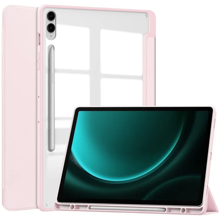 For Samsung Galaxy Tab S9 FE+ Clear Case Pen Slot Tablet Tri-fold Stand Cover