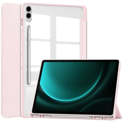 For Samsung Galaxy Tab S9 FE+ Clear Case Pen Slot Tablet Tri-fold Stand Cover