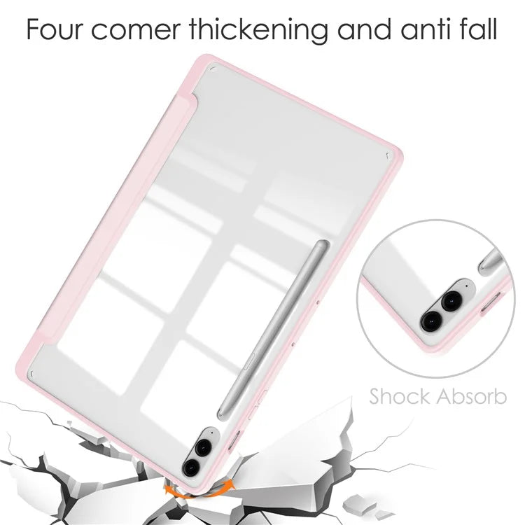 For Samsung Galaxy Tab S9 FE+ Clear Case Pen Slot Tablet Tri-fold Stand Cover