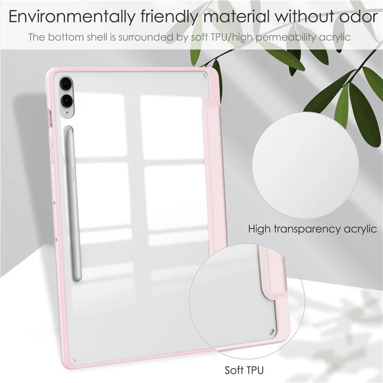 For Samsung Galaxy Tab S9 FE+ Clear Case Pen Slot Tablet Tri-fold Stand Cover