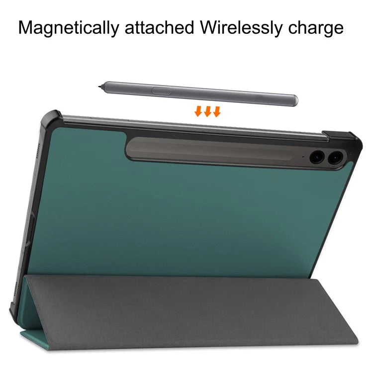 For Samsung Galaxy Tab S9 FE+ Leather Case Tablet Cover with Tri-fold Standish Green
