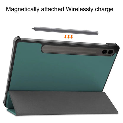 For Samsung Galaxy Tab S9 FE+ Leather Case Tablet Cover with Tri-fold Standish Green
