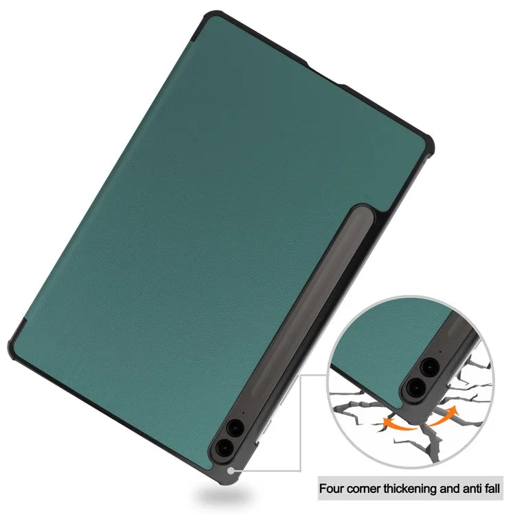 For Samsung Galaxy Tab S9 FE+ Leather Case Tablet Cover with Tri-fold Standish Green