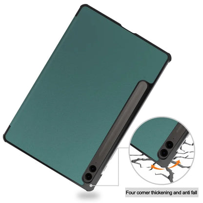 For Samsung Galaxy Tab S9 FE+ Leather Case Tablet Cover with Tri-fold Standish Green