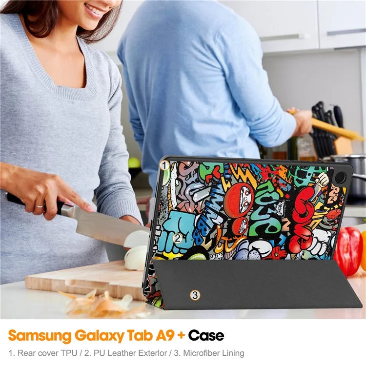 For Samsung Galaxy Tab A9+ Case Pattern Printing PU Leather Tri-fold Stand Cover with Pen Slot