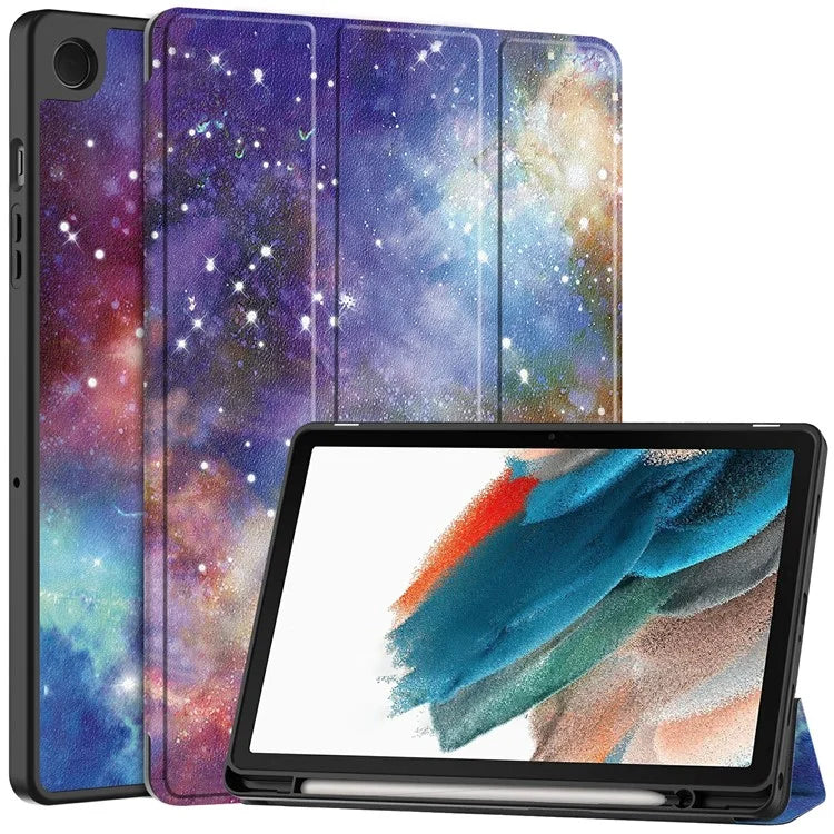 For Samsung Galaxy Tab A9+ Case Pattern Printing PU Leather Tri-fold Stand Cover with Pen Slot