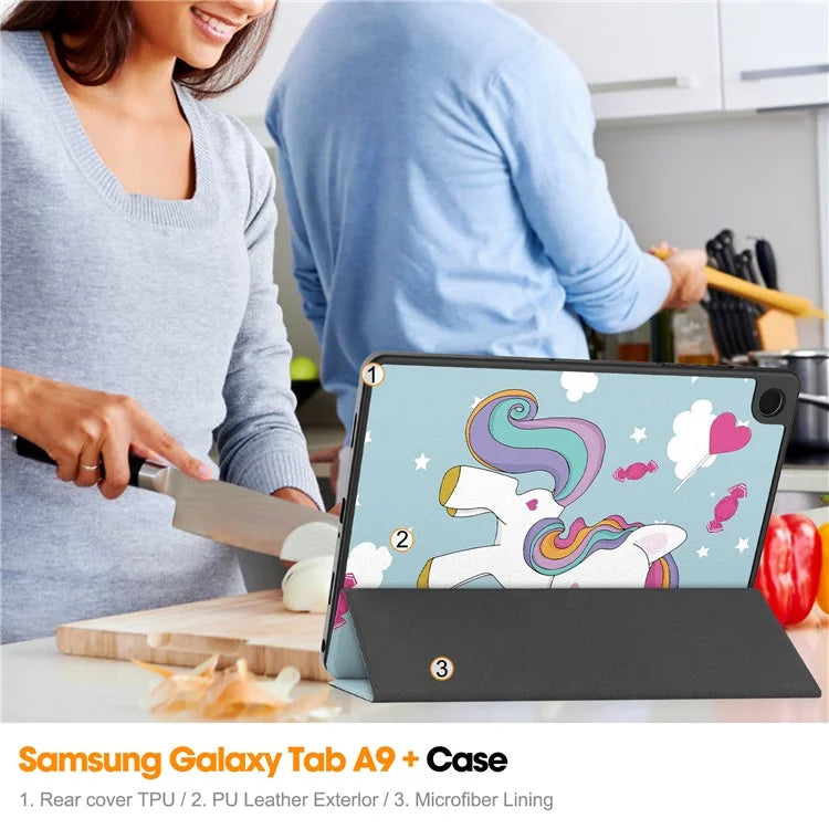 For Samsung Galaxy Tab A9+ Case Pattern Printing PU Leather Tri-fold Stand Cover with Pen Slot