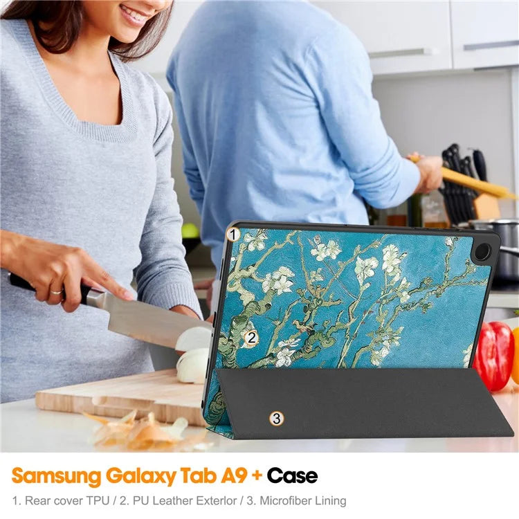 For Samsung Galaxy Tab A9+ Case Pattern Printing PU Leather Tri-fold Stand Cover with Pen Slot