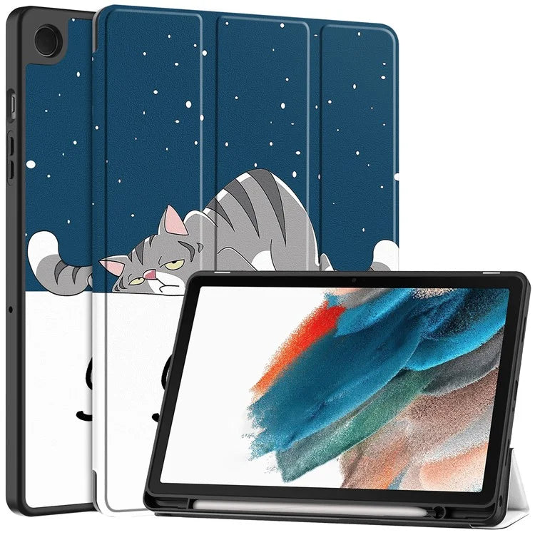 For Samsung Galaxy Tab A9+ Case Pattern Printing PU Leather Tri-fold Stand Cover with Pen Slot