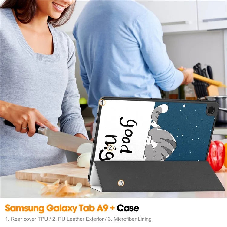 For Samsung Galaxy Tab A9+ Case Pattern Printing PU Leather Tri-fold Stand Cover with Pen Slot