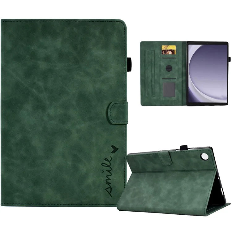 For Samsung Galaxy Tab A9 Smile Imprinted Case Microfiber Leather Card Holder Smart Tablet Cover