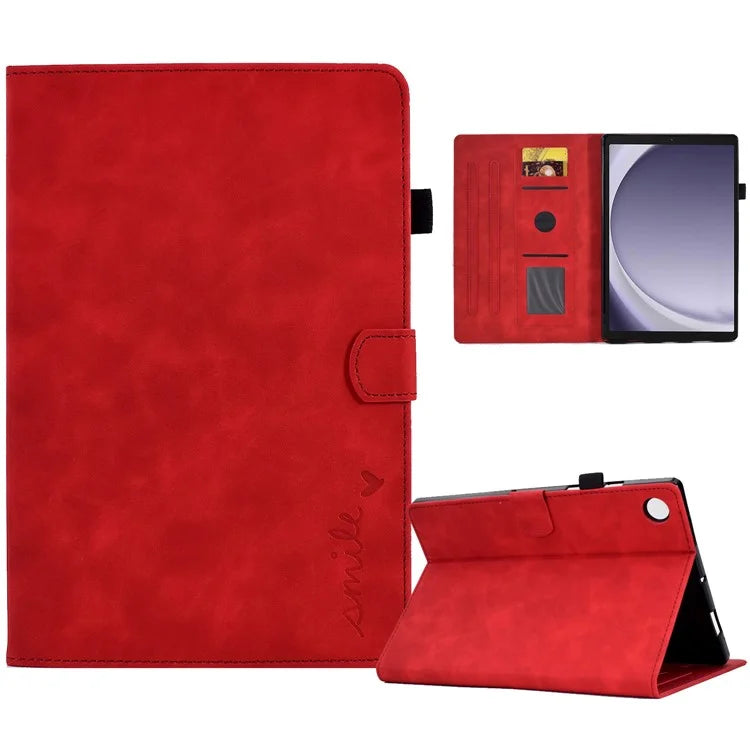 For Samsung Galaxy Tab A9 Smile Imprinted Case Microfiber Leather Card Holder Smart Tablet Cover