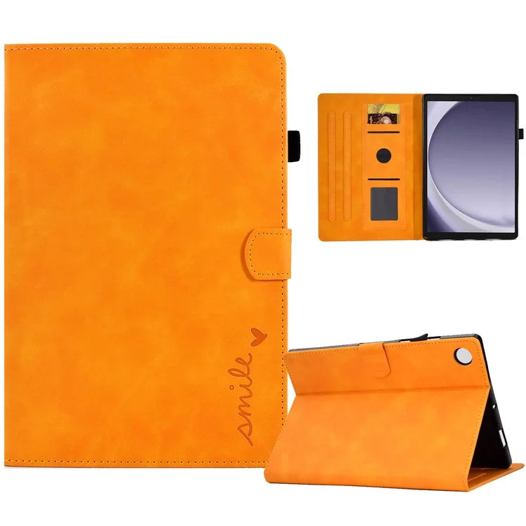 For Samsung Galaxy Tab A9 Smile Imprinted Case Microfiber Leather Card Holder Smart Tablet Cover