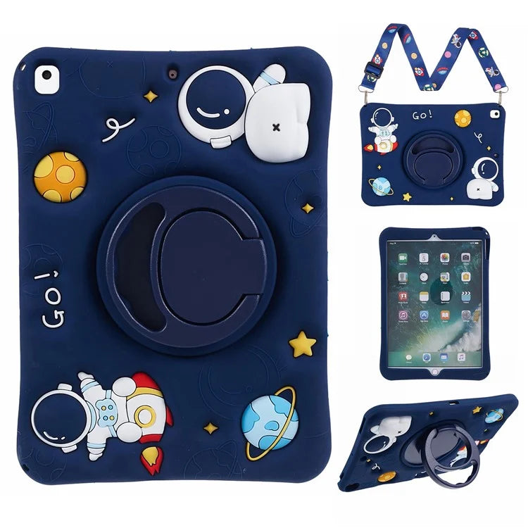 For iPad 10.2 (2021) / (2019) / (2020) / iPad Air 10.5 inch (2019) Silicone Case Astronaut Design Kickstand Tablet Cover with Strap
