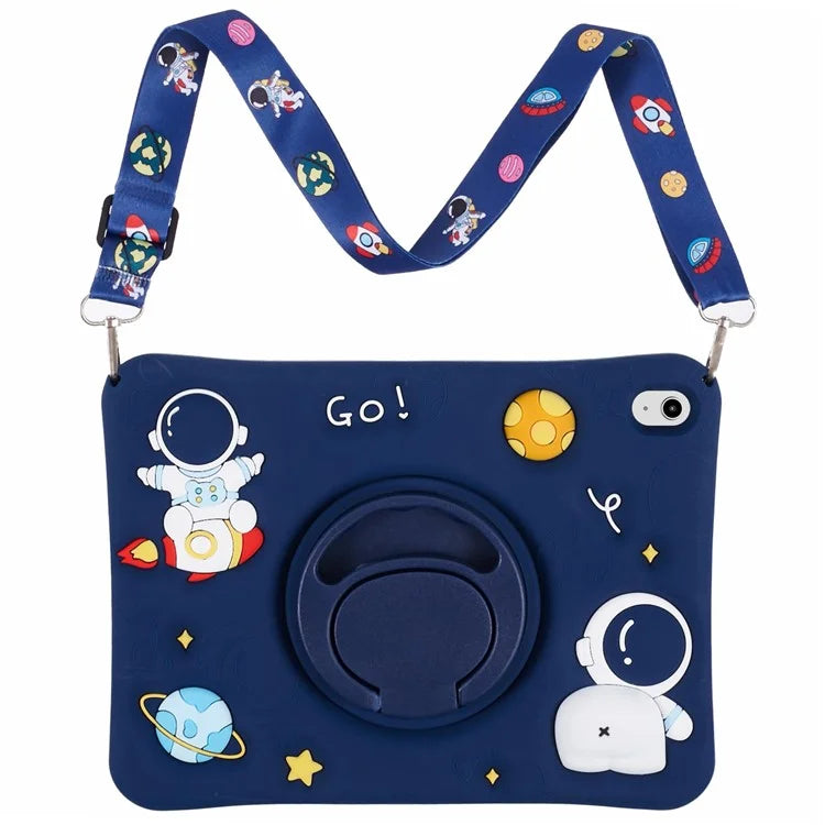 For iPad 10.9 (2022) Kickstand Case Astronaut Design Silicone Tablet Protector with Strap