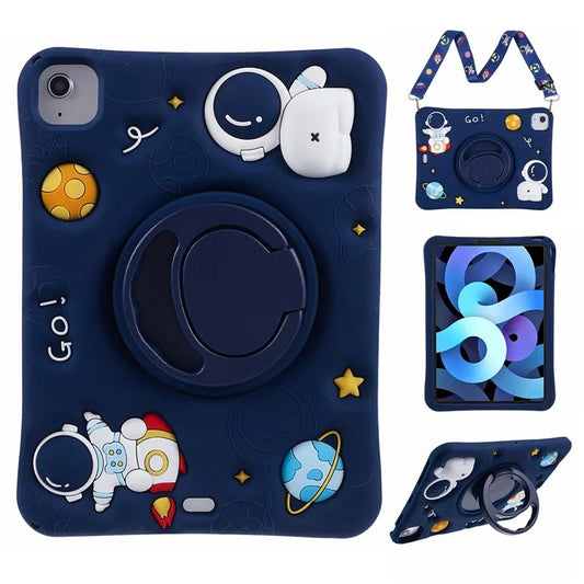 For iPad Air (2020) / (2022) Protective Kickstand Case Astronaut Design Silicone Tablet Cover with Strap