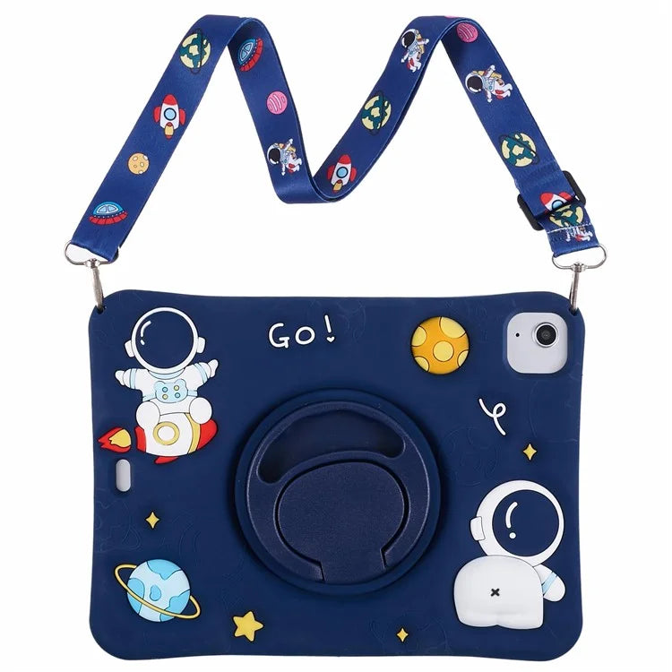 For iPad Air (2020) / (2022) Protective Kickstand Case Astronaut Design Silicone Tablet Cover with Strap